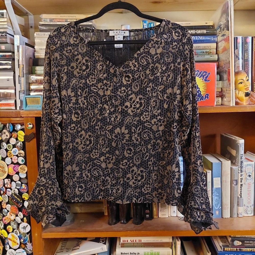 Vintage Y2K black and gold lace velvit top with dramatic sleeves.